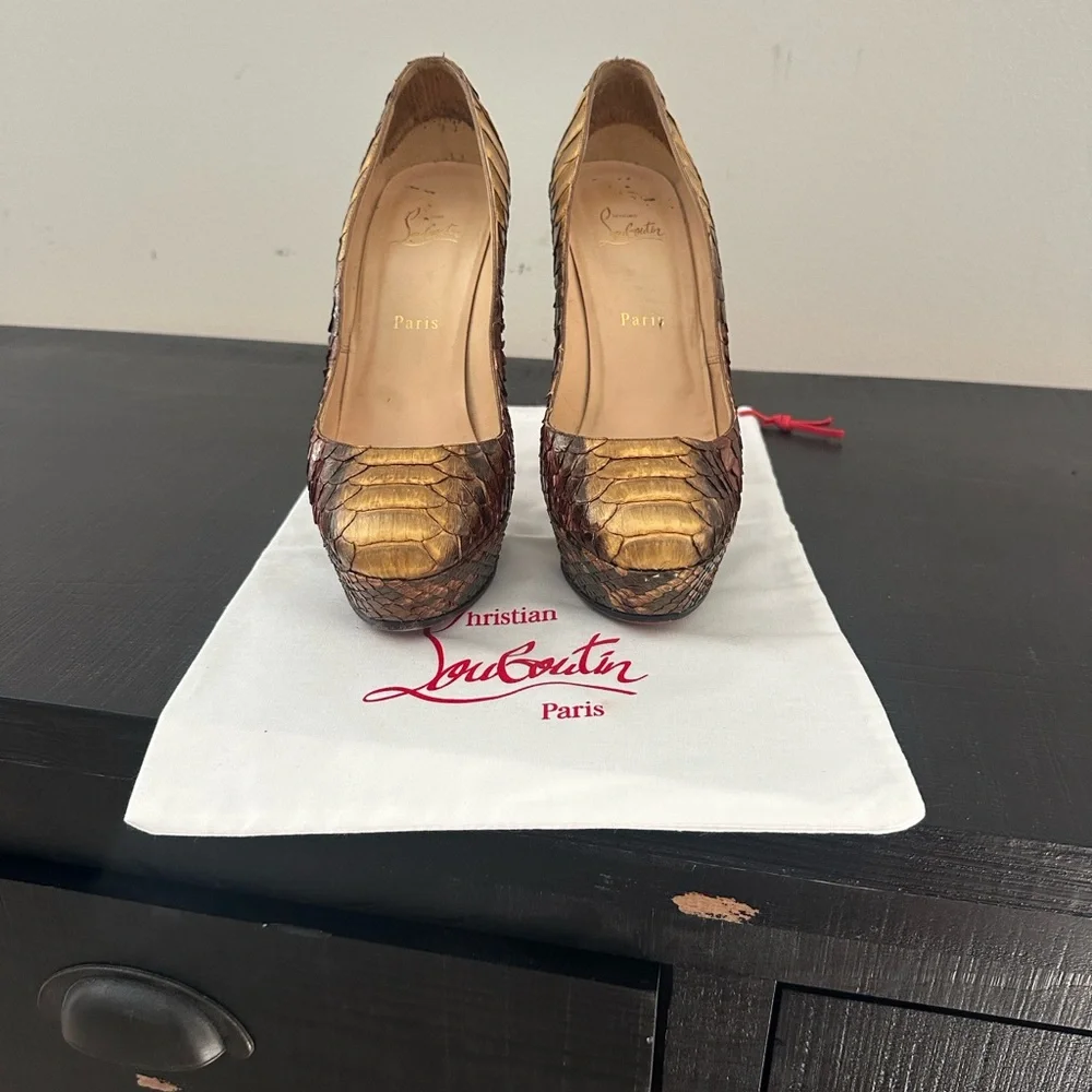 Christian Louboutin Gold and Brown Platform Heels - Picture 2 of 4
